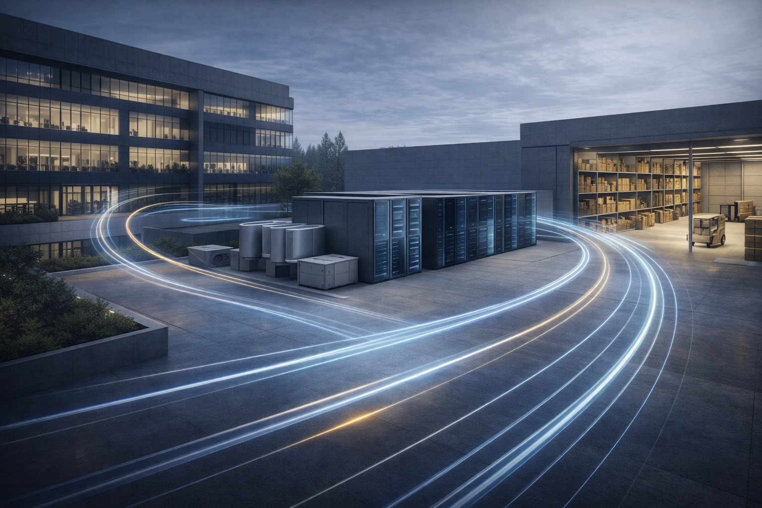 Corporate campus architecture with synchronized operational flows representing cross-ecosystem IoT coordination and system-level intelligence.